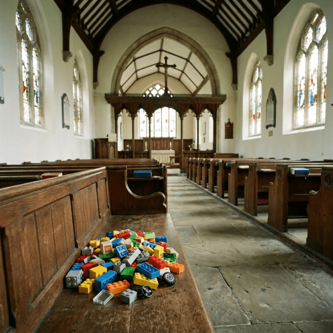 Colorful building blocks on wooden church pew inside historic church interior