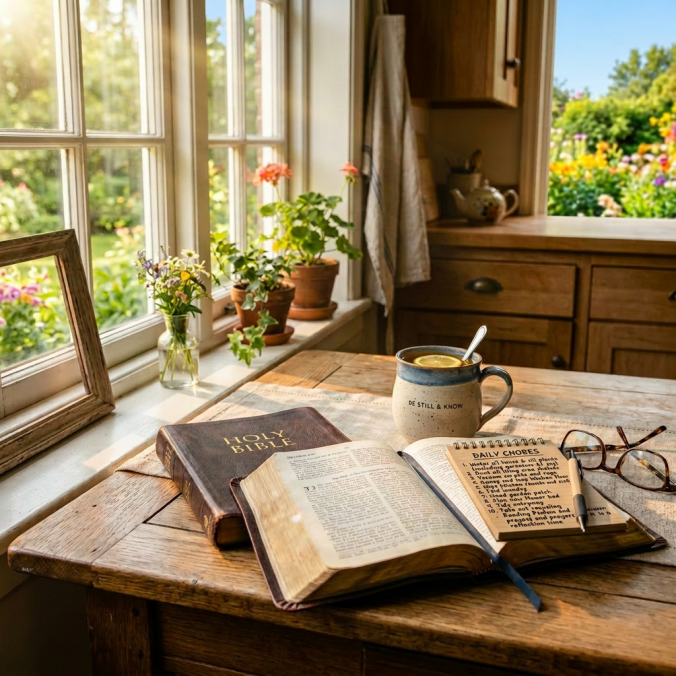 Open Bible, closed Holy Bible, coffee mug with 'Be Still & Know' text, eyeglasses on wooden table by window